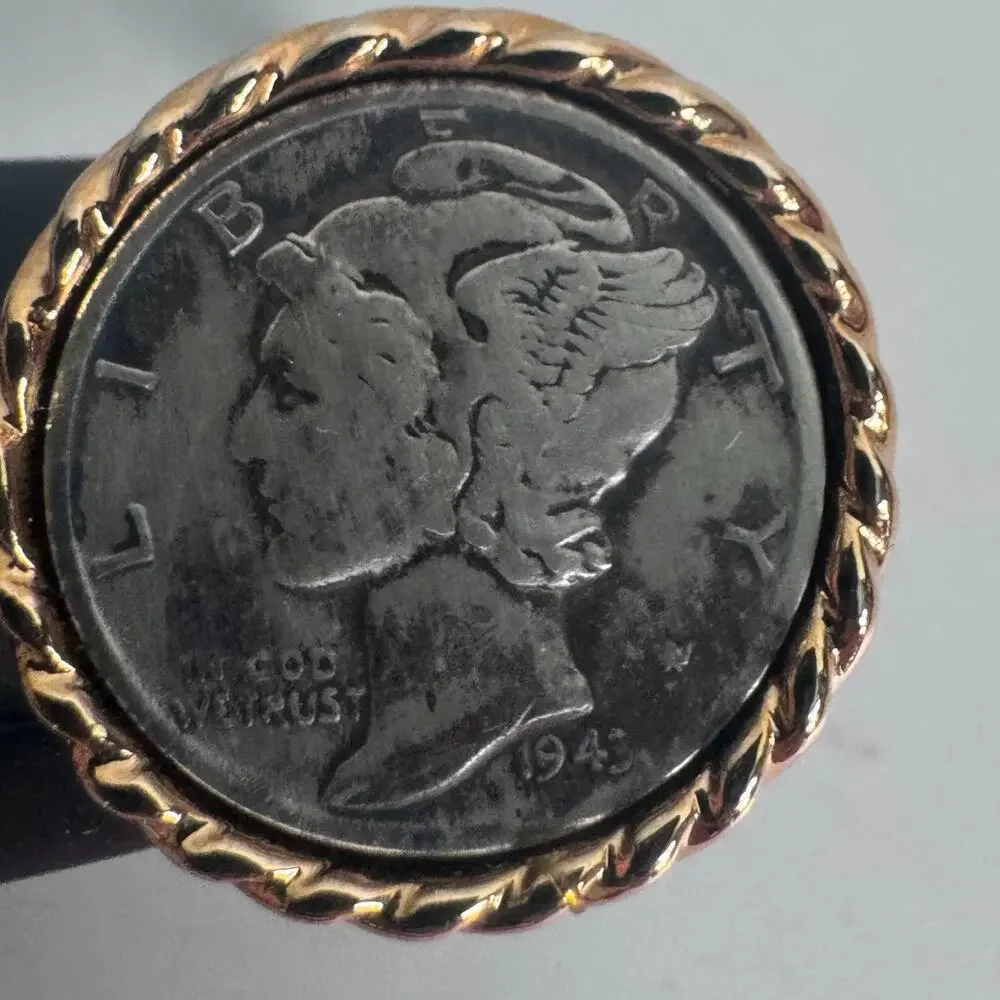 Vintage Pair Of Silver Mercury Dime Cuff Links 1936 & 1943 in Gold w/ Tie Clip